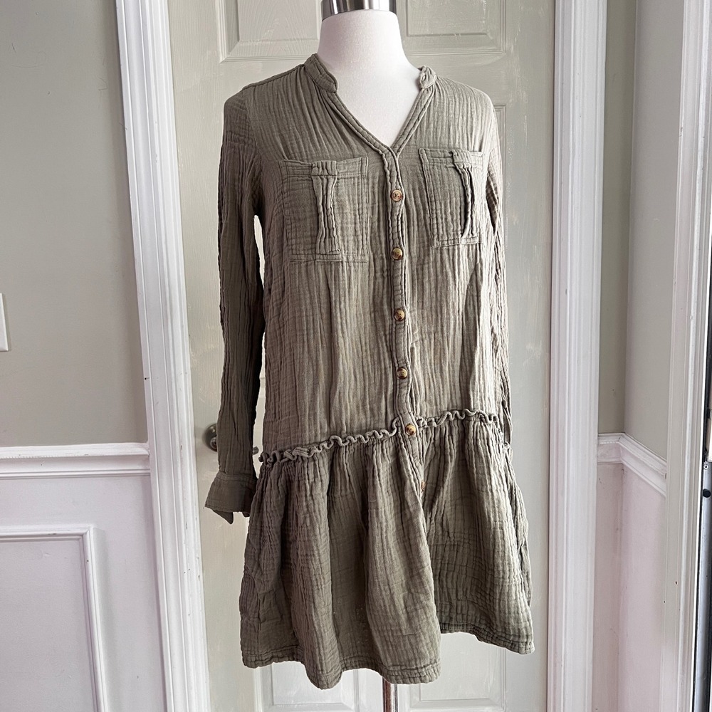 Maeve Anthropologie Gauze Mini Dress Womens 2 Olive Green Button Down Boho Tunic